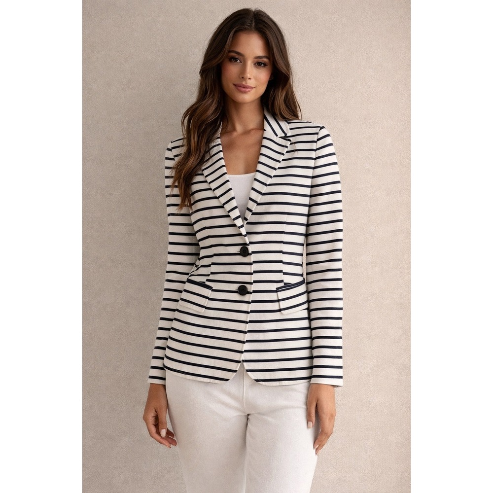 Weekend Max Mara Striped Cotton Blend Blazer Navy White Nautical‎ Star Lining M